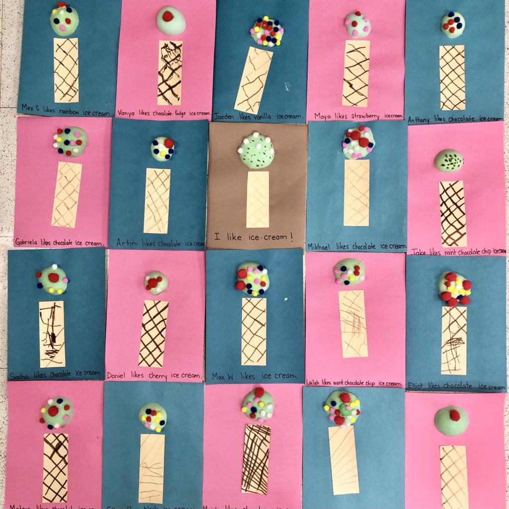 Our letter I craft of the week. We made inedible ice-cream! It's shaving cream foam mixed with white glue (2:1 ratio) with a drop of ink to tint it.  We also added pom-poms as sprinkles or a cherry on top.  Do this craft early in the week to give it a few days to dry.  They looked so puffy and perfect as they went out the door on Friday.