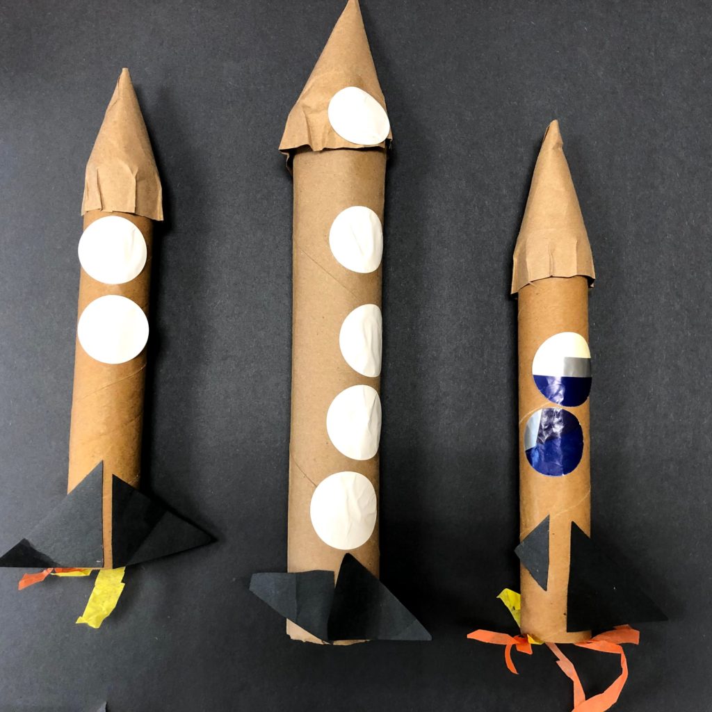 cardboard tube rockets made by children from our recycled materials