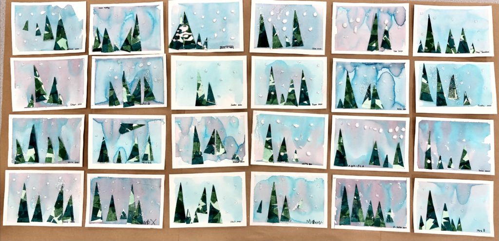 Our Evening Evergreens was our big art project of the week. Each one turned out so excellent! Picture is of watercolour backgrounds will collaged trees and eleven glittering snowflakes on each one.